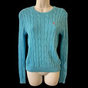 Polo by Ralph Lauren Women's Teal Aqua Blue Cable Knit Crewneck Light Sweater